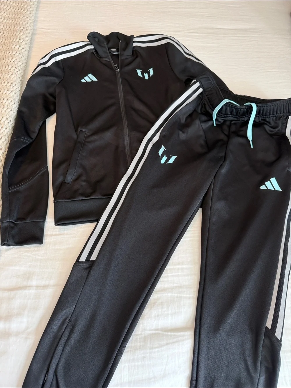 adidas Black Kids Messi Track Jacket & Joggers with Light Blue Accents